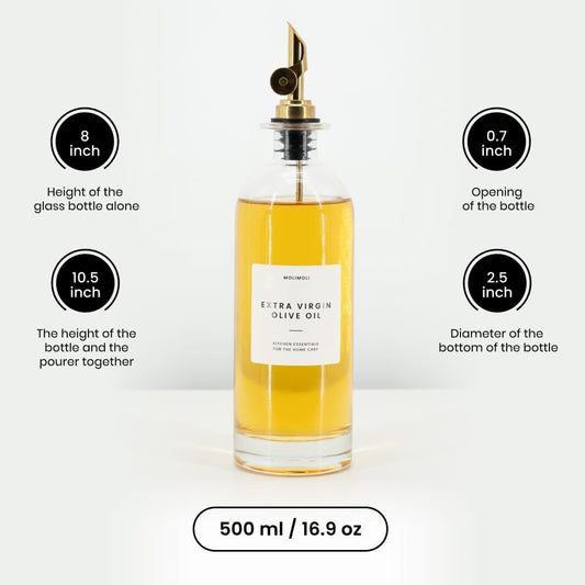 Molimoli Oil and Vinegar Dispenser with Metal Pour Spout, Weighted Pourer, Glass Bottle Dispenser for Kitchen, Olive Oil Cruet, Glass Olive Oil Bottle | 500ml, Set of 2