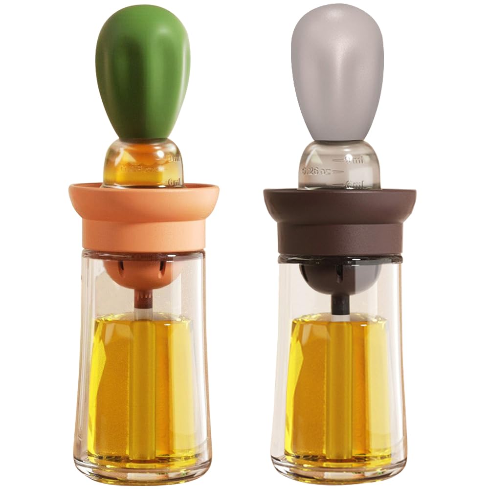 Oil Dispenser with Brush - Glass Olive Oil Dispenser for Kitchen, 2 IN 1 Oil Dispenser Bottle with Silicone Basting Brush for Cooking Vinegar Sauce BBQ Grill Frying, T-OB21, Grey