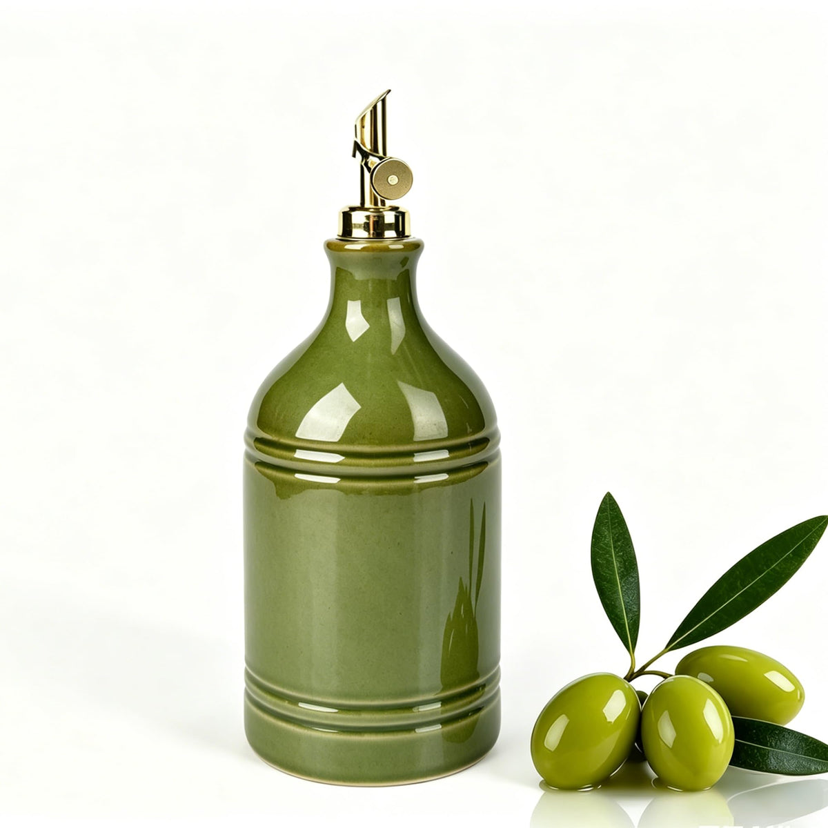 23.6Oz Green Ceramic Olive Oil Dispenser Bottle with Gold Gravity Spout
