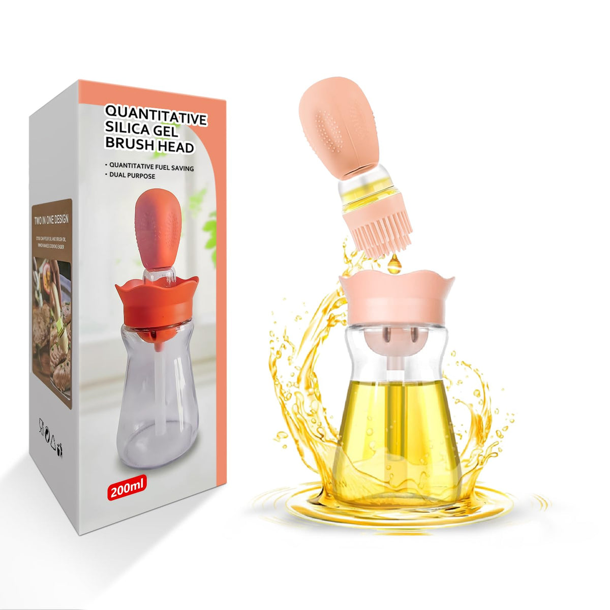 Oil Dispenser Bottle with Silicone Brush, 200ML 2 in 1 Silicone Dropper Measuring Oil Dispenser Bottle for Kitchen Cooking, Frying, Baking, BBQ Pancake, Air Fryer, Marinating - Cream White