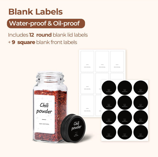 ComSaf Glass Spice Jars with Labels 4 oz 6 Pack Small Square