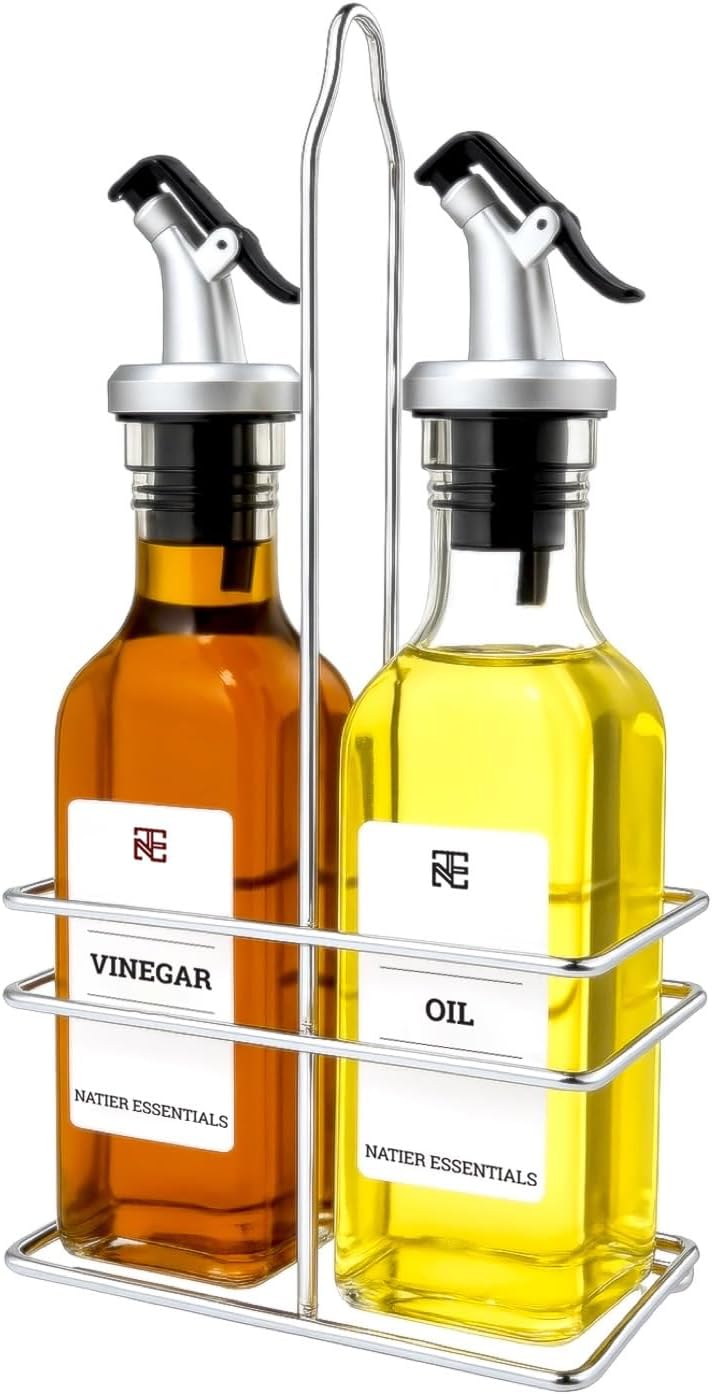6 Oz Oil and Vinegar Bottle Cruet Set with Wire Caddy – 2 Pack Glass Dispenser Bottles (Stainless Steel Spout)