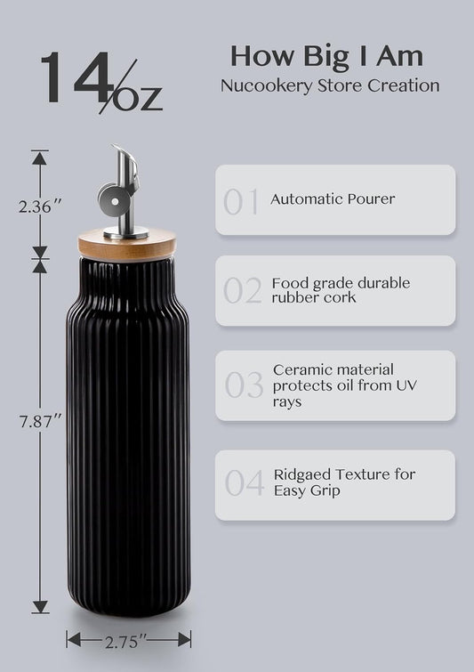 Nucookery Ceramic Olive Oil Dispenser Bottle for Kitchen, 14 oz Black