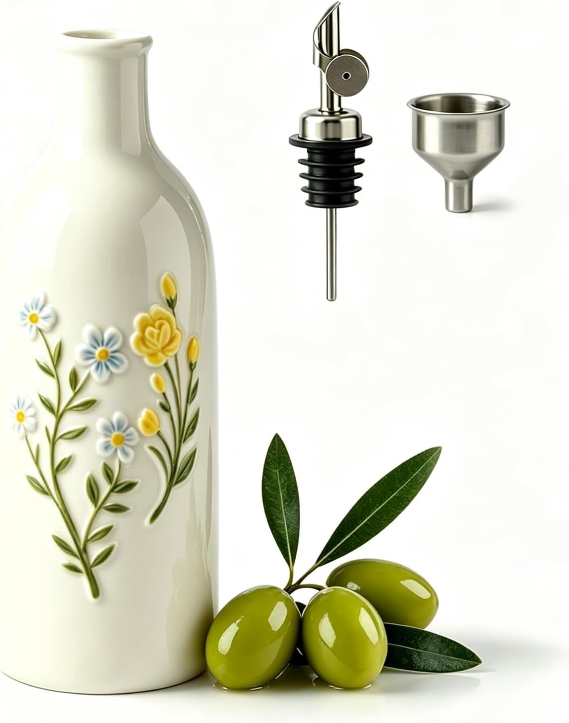 Ceramic Olive Oil Dispenser Bottle, 18 OZ(Flower)