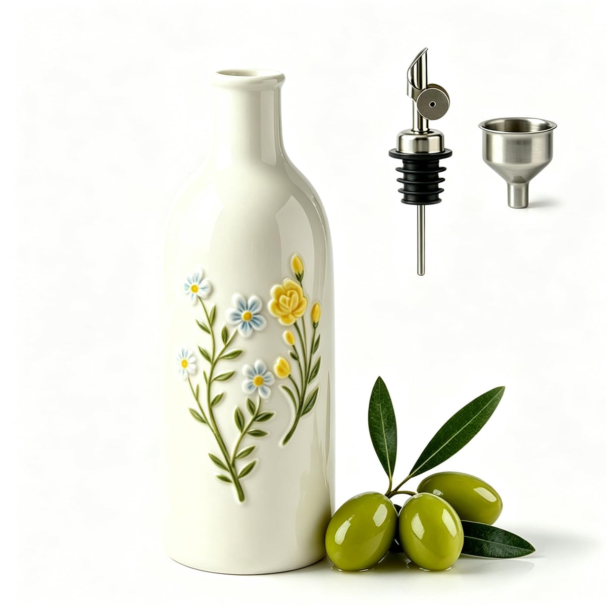 Ceramic Olive Oil Dispenser Bottle, 18 OZ(Flower)