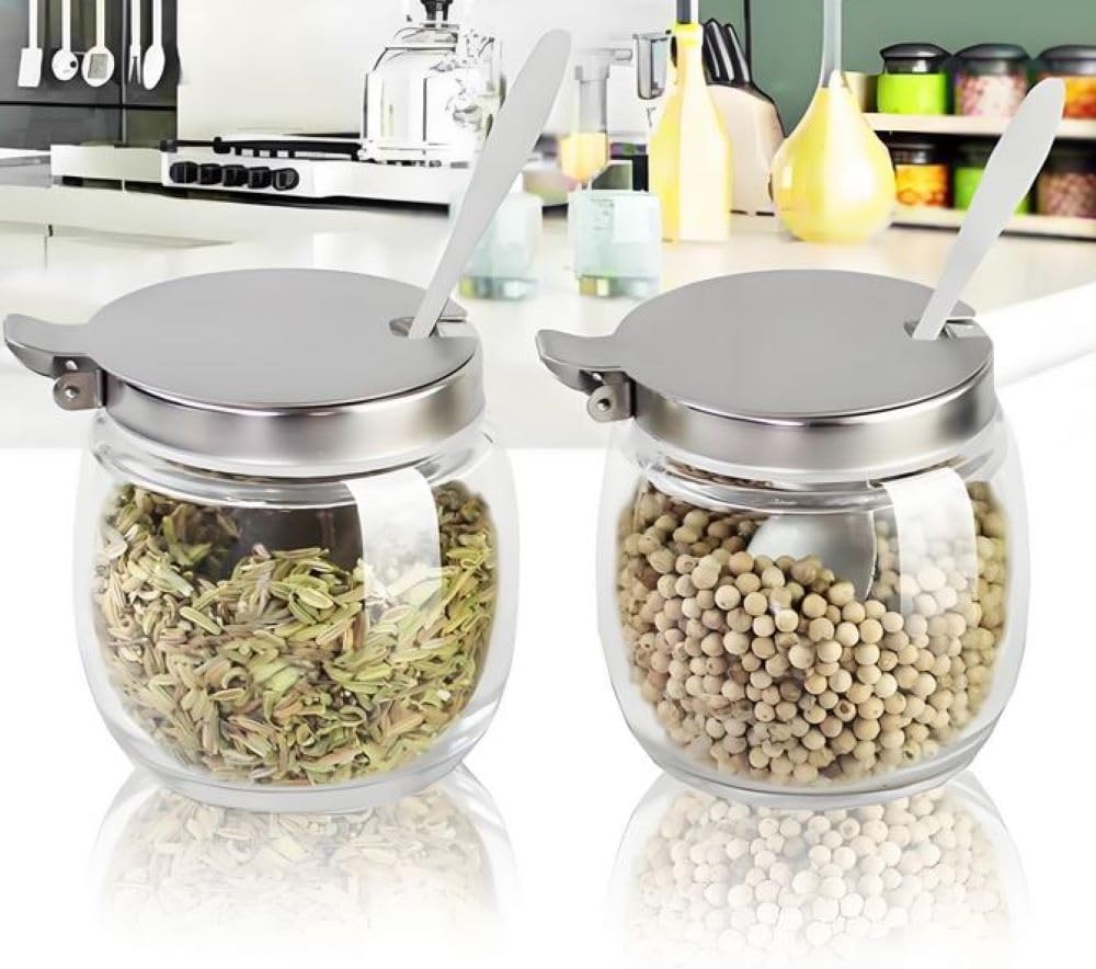 Hewnda 2Pcs Sugar Salt Container Set,8 oz glass jar with lid and spoon