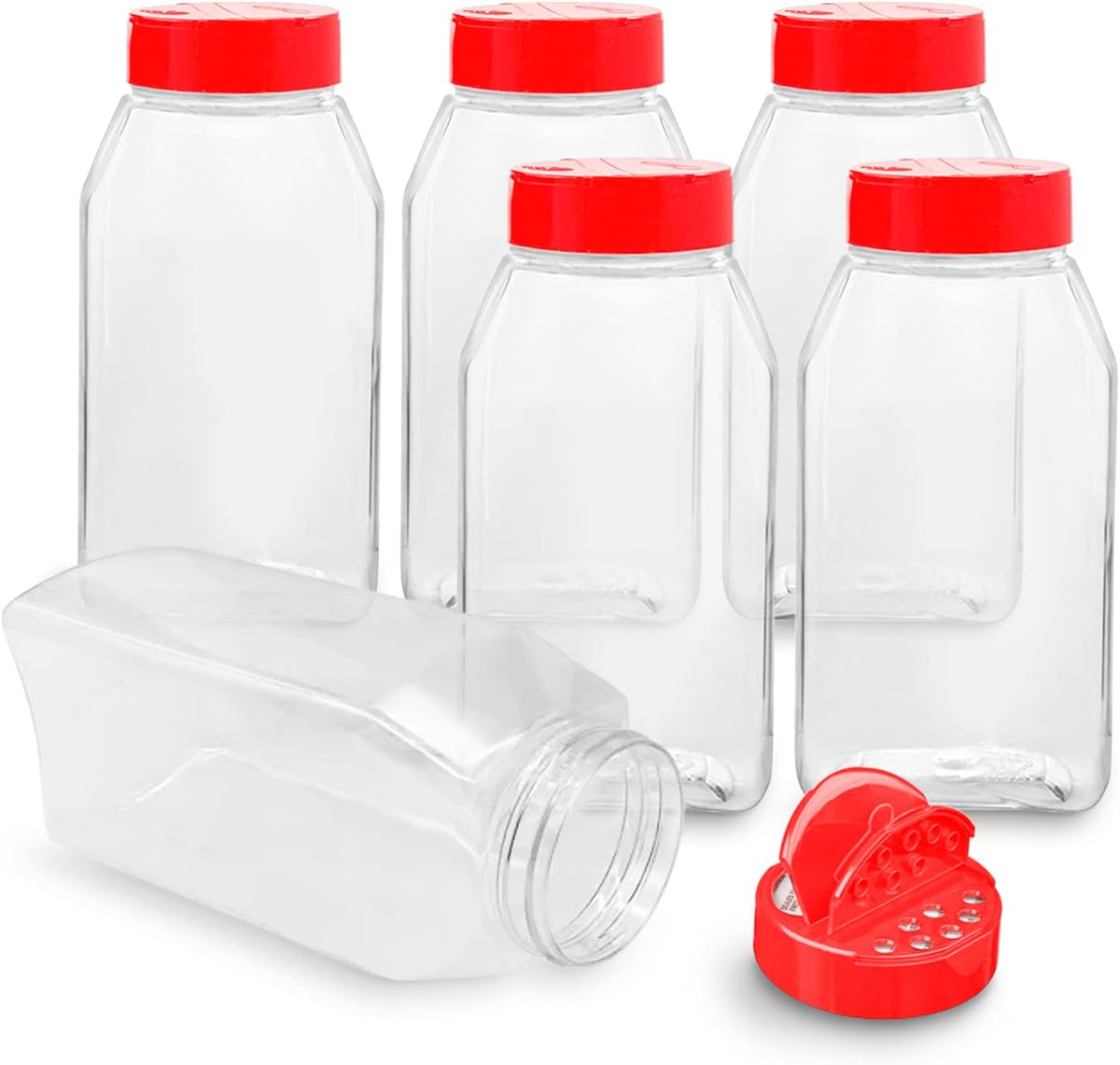 Plastic Spice Jars Bottle Containers with Red Cap, 32 Oz, 6 Pack