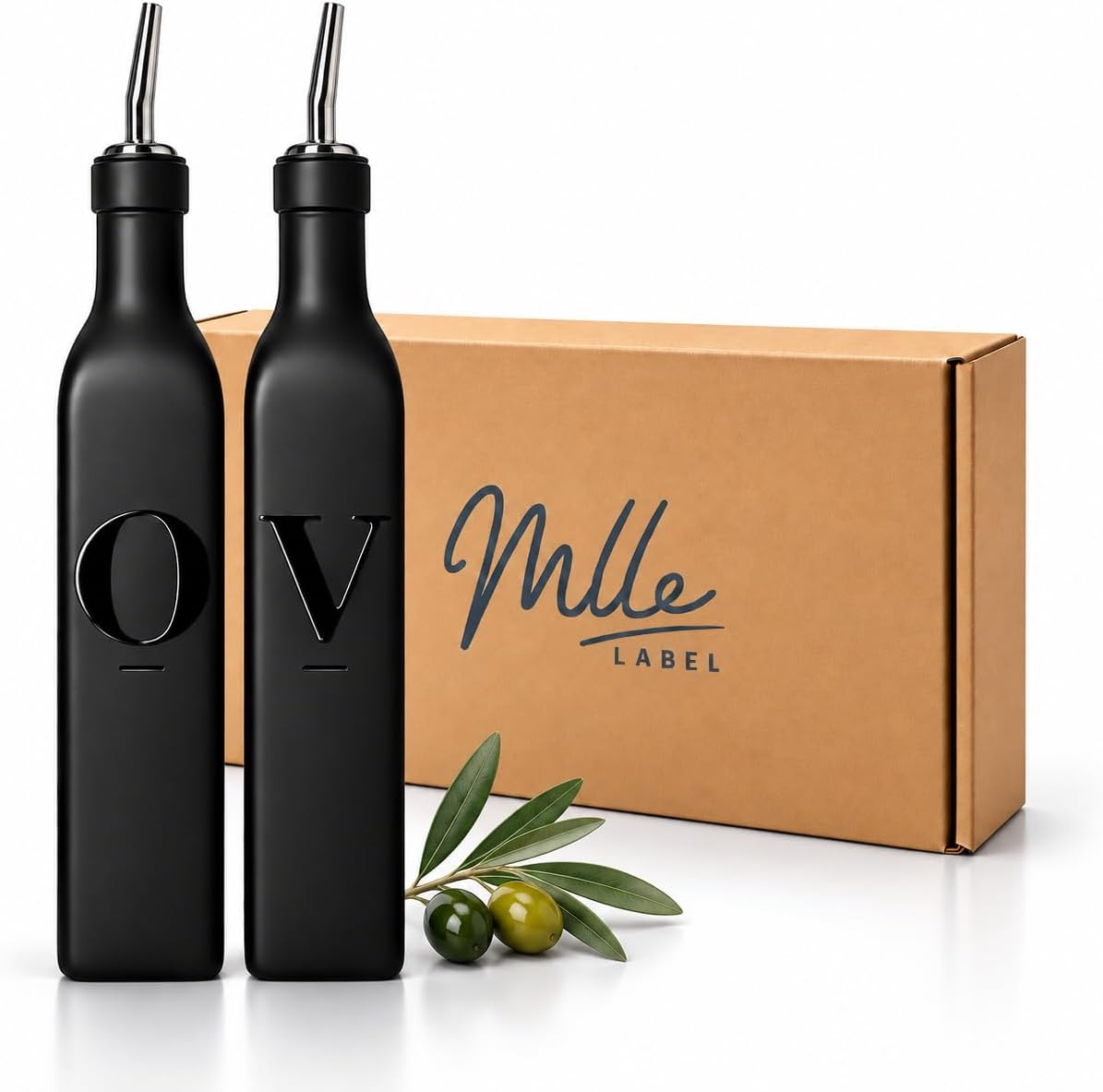 Mlle Label Black Glass Olive Oil & Vinegar Dispensers, Set of 2, 500 mL