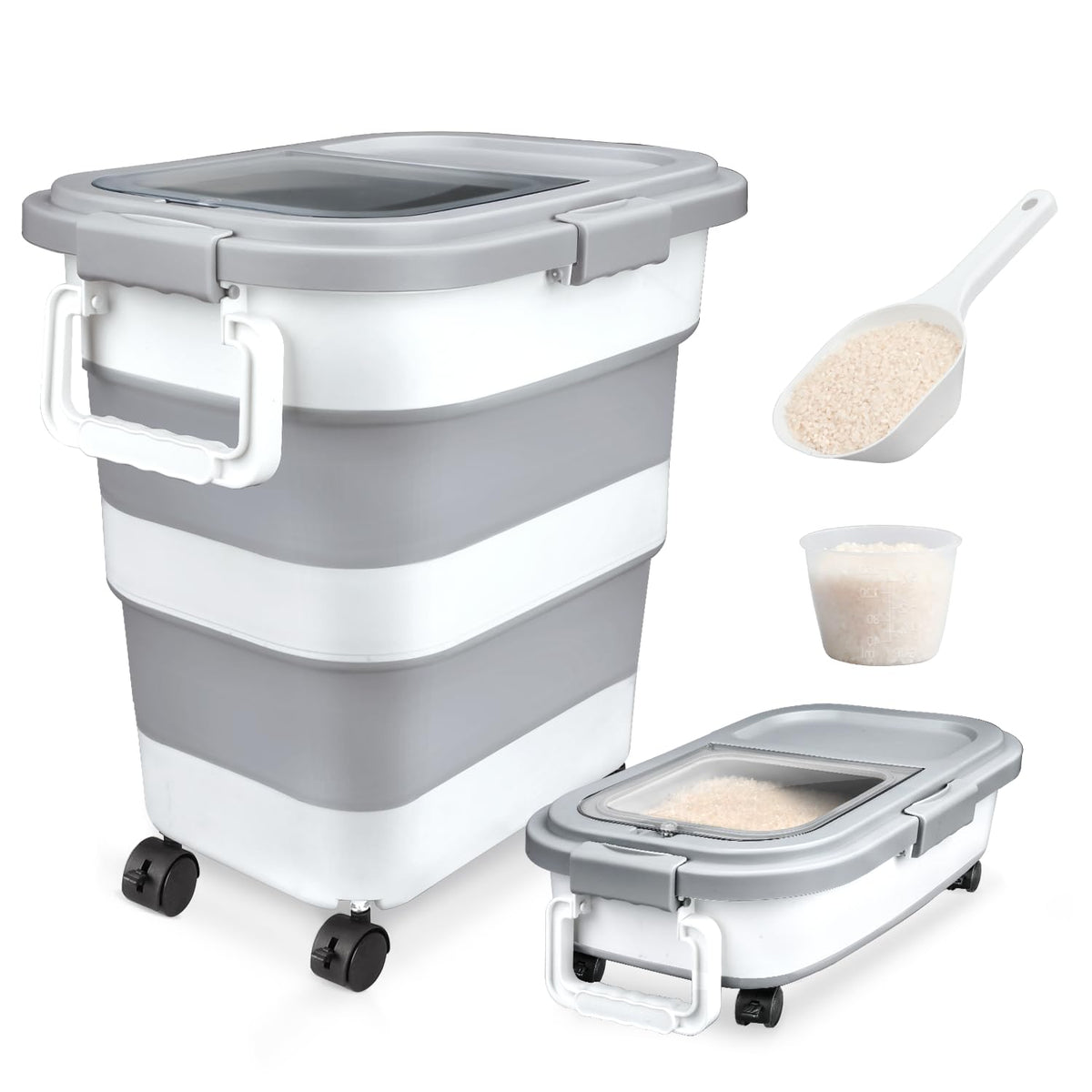 Komzon Rice Storage Container, Collapsible Airtight Food Storage Containers 6-20 Lbs, Rice Dispenser with Measuring Cup and Small Bin for Flour Cereal Pasta Grain, Cat Pet Dog Bird Food Container