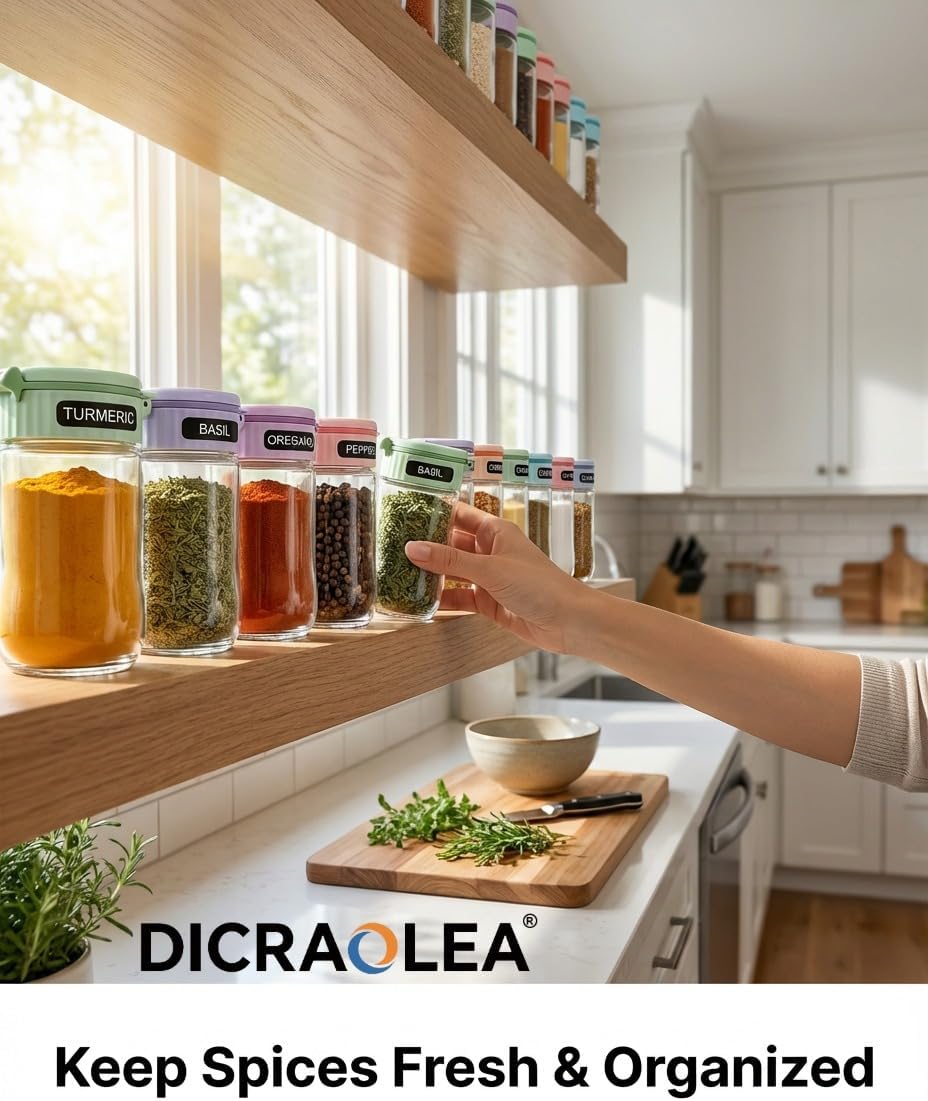 Newly Upgraded 24 Pcs Glass Spice Jars Set with Labels, 4oz Macaron Color Lids, Dual-Purpose Flip Cap, BPA-Free Empty Spice Containers for Kitchen Organization