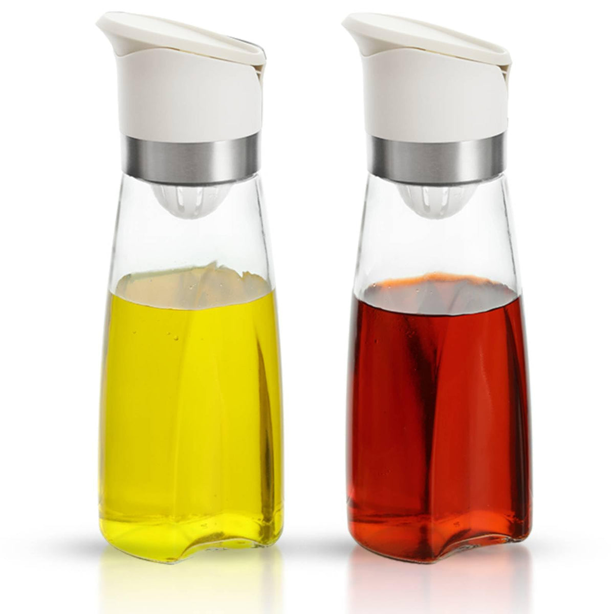 Premium Glass Olive Oil and Vinegar Dispenser Bottles Set, 2-Piece 16oz Kitchen Cooking Cruet with Auto-Open Lid, Non-Drip Pouring Spout, Oil Infuser Filter, Dishwasher Safe