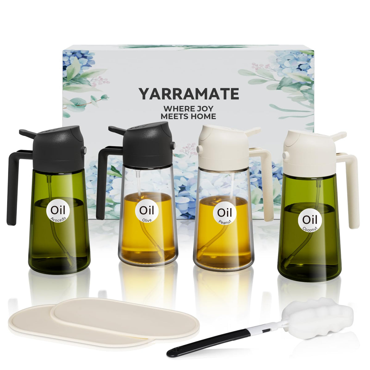 YARRAMATE Olive Oil Dispenser, 2 in 1 Oil Sprayer for Cooking, 16oz/470ml Glass Oil Spray Bottle with Pourer, Food-grade Oil Dispenser and Oil Sprayer for Kitchen, Salad, Frying, BBQ (Black & Green)