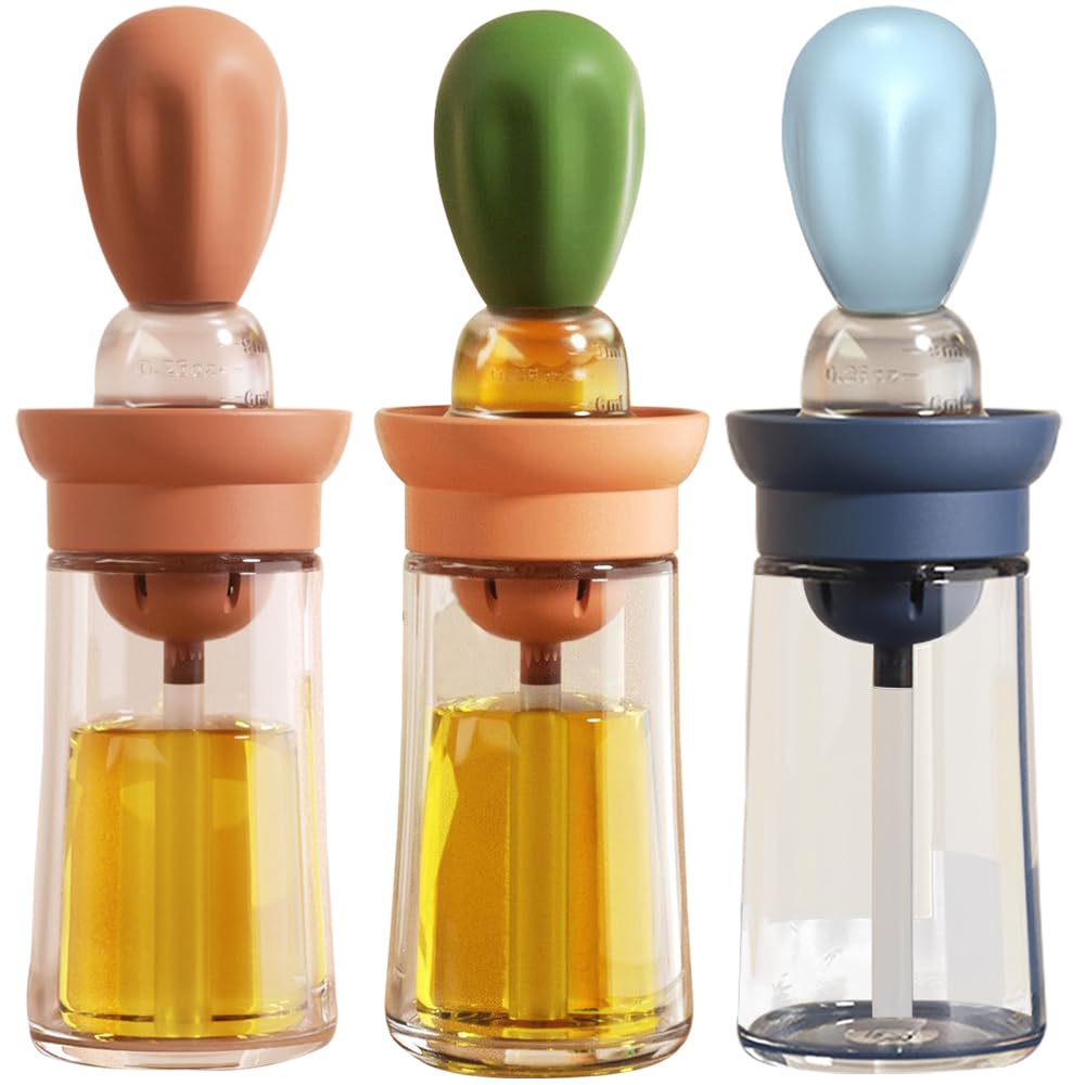 Oil Dispenser with Brush - Glass Olive Oil Dispenser for Kitchen, 2 IN 1 Oil Dispenser Bottle with Silicone Basting Brush for Cooking Vinegar Sauce BBQ Grill Frying, T-OB21, Grey