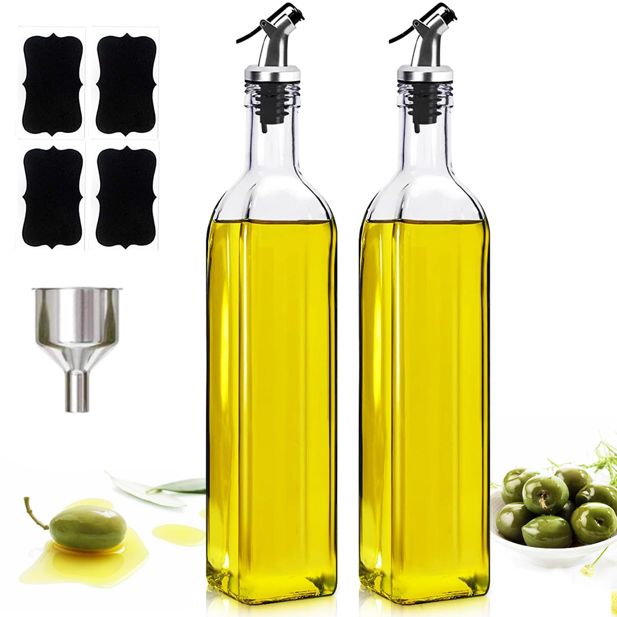 Showvigor Olive Oil Dispenser, 17oz/500ml Square Tall Glass Container With 2 Stainless Steel Pourers, 2 Labels, 1 Brush and 1 Funnel for Kitchen