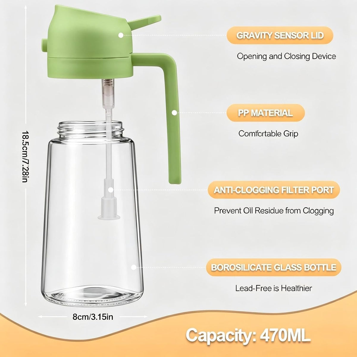 2 in 1 Olive Oil Spray for Cooking, 470ml/16oz Oil Dispenser for Kitchen and Home, Olive Oil Dispenser Bottle for Air Fryer, Salad, BBQ (Green)