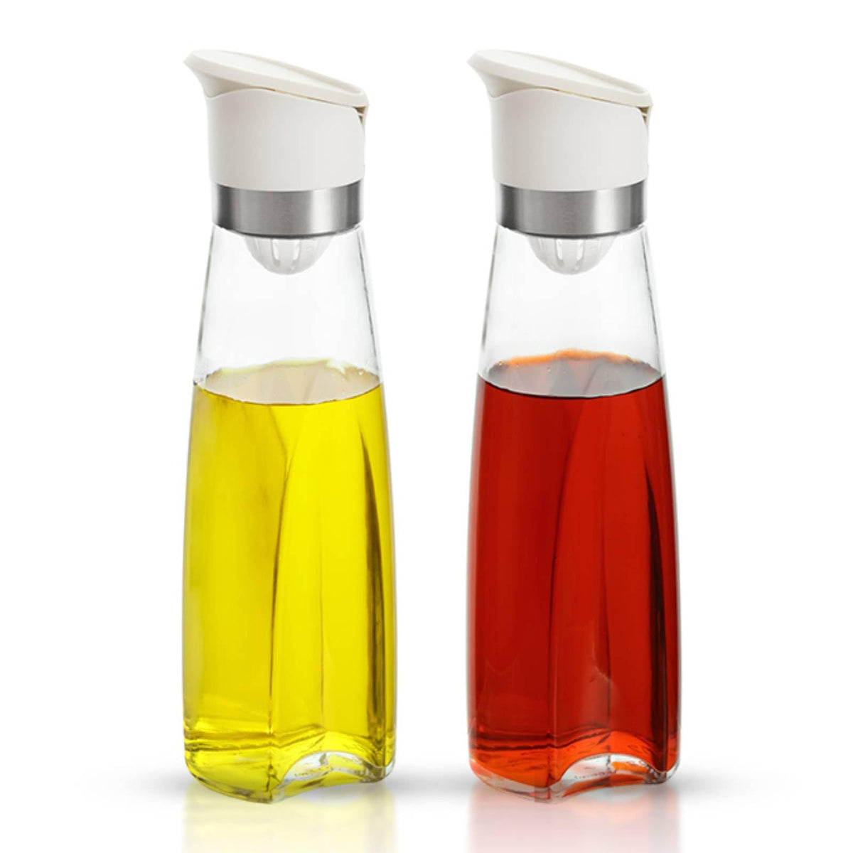 Premium Glass Olive Oil and Vinegar Dispenser Bottles Set, 2-Piece 16oz Kitchen Cooking Cruet with Auto-Open Lid, Non-Drip Pouring Spout, Oil Infuser Filter, Dishwasher Safe