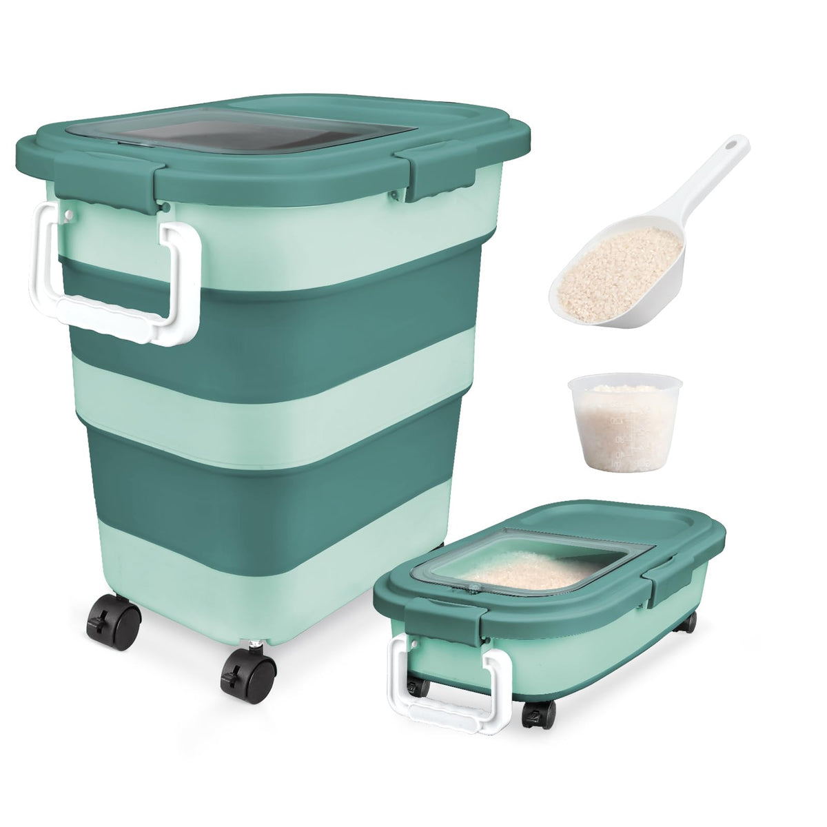 Komzon Rice Storage Container, Collapsible Airtight Food Storage Containers 6-20 Lbs, Rice Dispenser with Measuring Cup and Small Bin for Flour Cereal Pasta Grain, Cat Pet Dog Bird Food Container