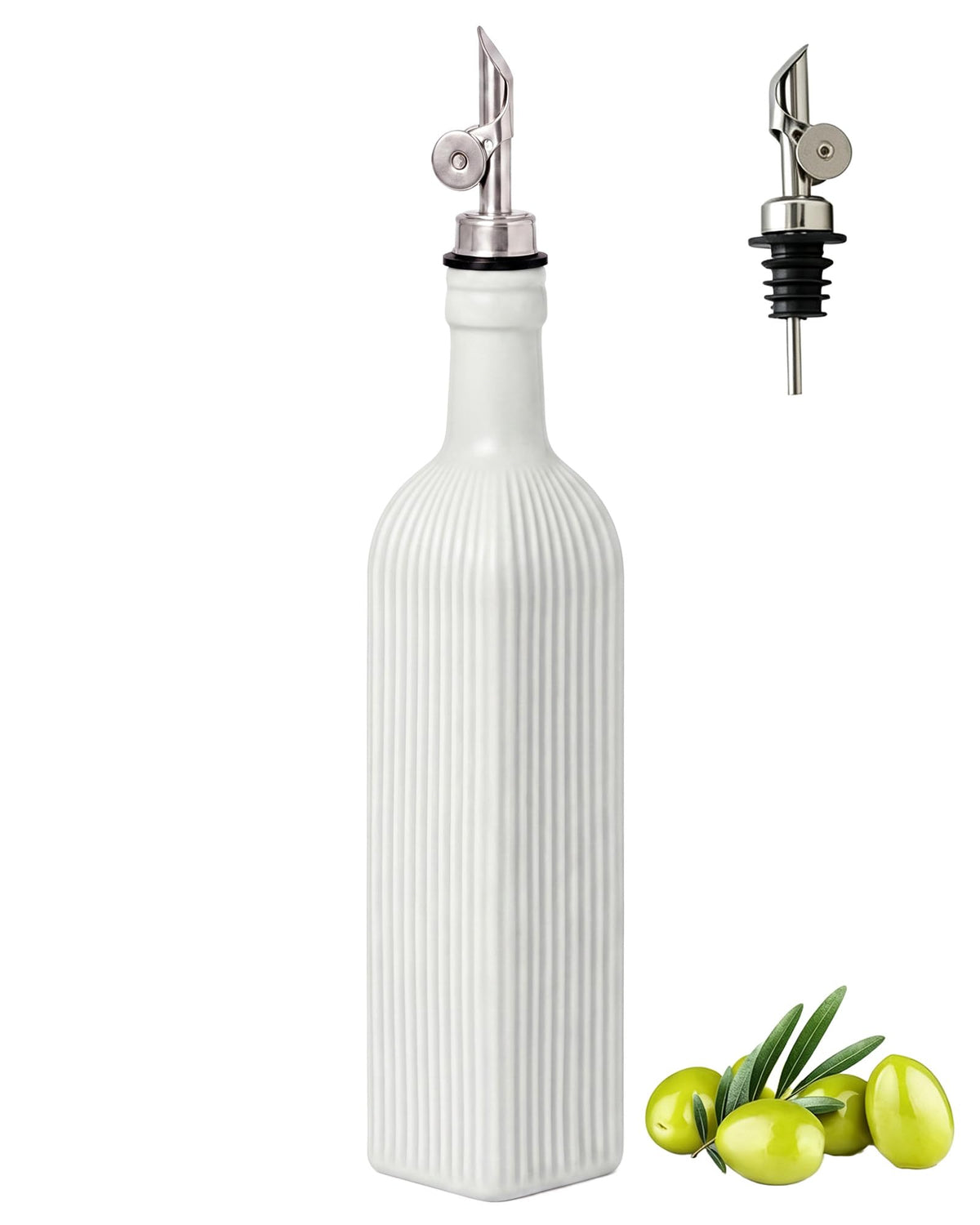 Ceramic Olive Oil Dispenser Bottle with Pourer for Kitchen, 18 oz, white