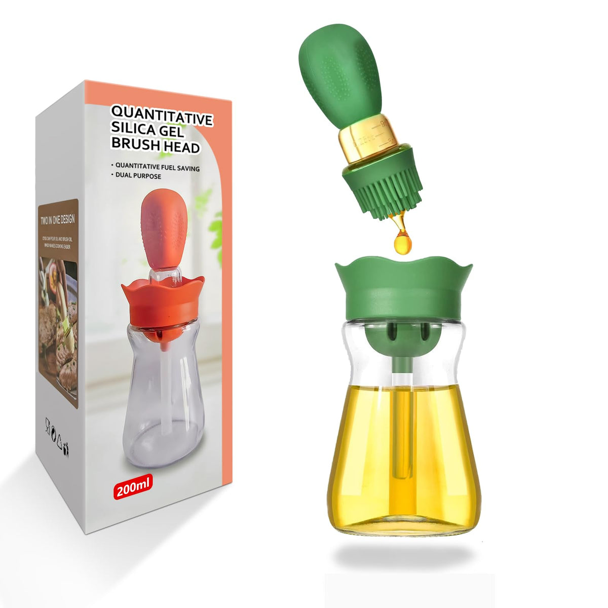 Oil Dispenser Bottle with Silicone Brush, 200ML 2 in 1 Silicone Dropper Measuring Oil Dispenser Bottle for Kitchen Cooking, Frying, Baking, BBQ Pancake, Air Fryer, Marinating - Cream White