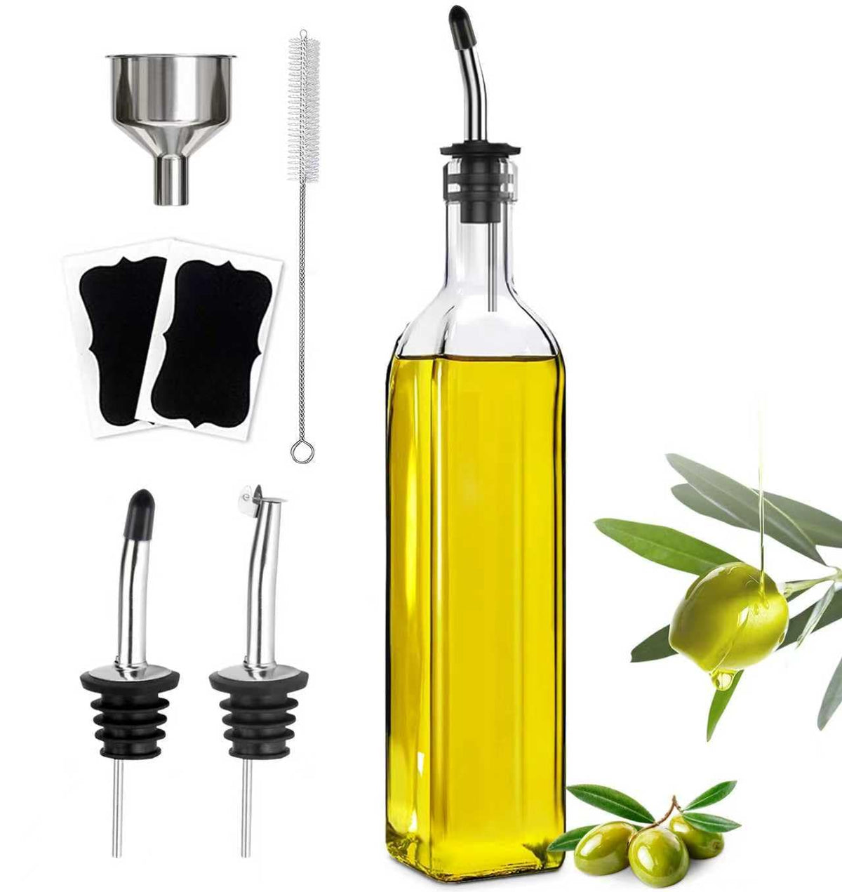 Leaflai Olive Oil Dispenser Bottle, 2 Pcs Glass Olive Oil Dispenser and Vinegar Dispenser Set with 2 Stainless Steel Pourers, 4 Labels,1 Brush and 1 Funnel Oil Bottles for Kitchen (500ml)