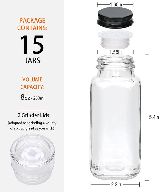 15 Pack 8oz Glass Spice Jars with Grinders, Square Spice Bottles
