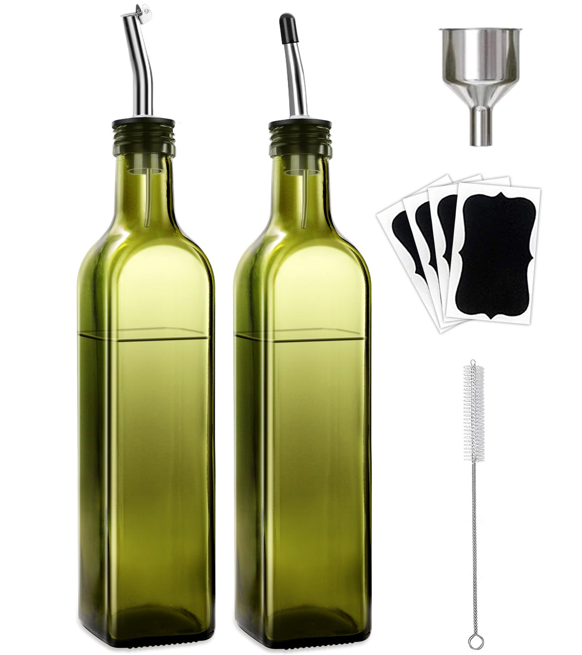 Leaflai Olive Oil Dispenser Bottle, 2 Pcs Glass Olive Oil Dispenser and Vinegar Dispenser Set with 2 Stainless Steel Pourers, 4 Labels,1 Brush and 1 Funnel Oil Bottles for Kitchen (500ml)