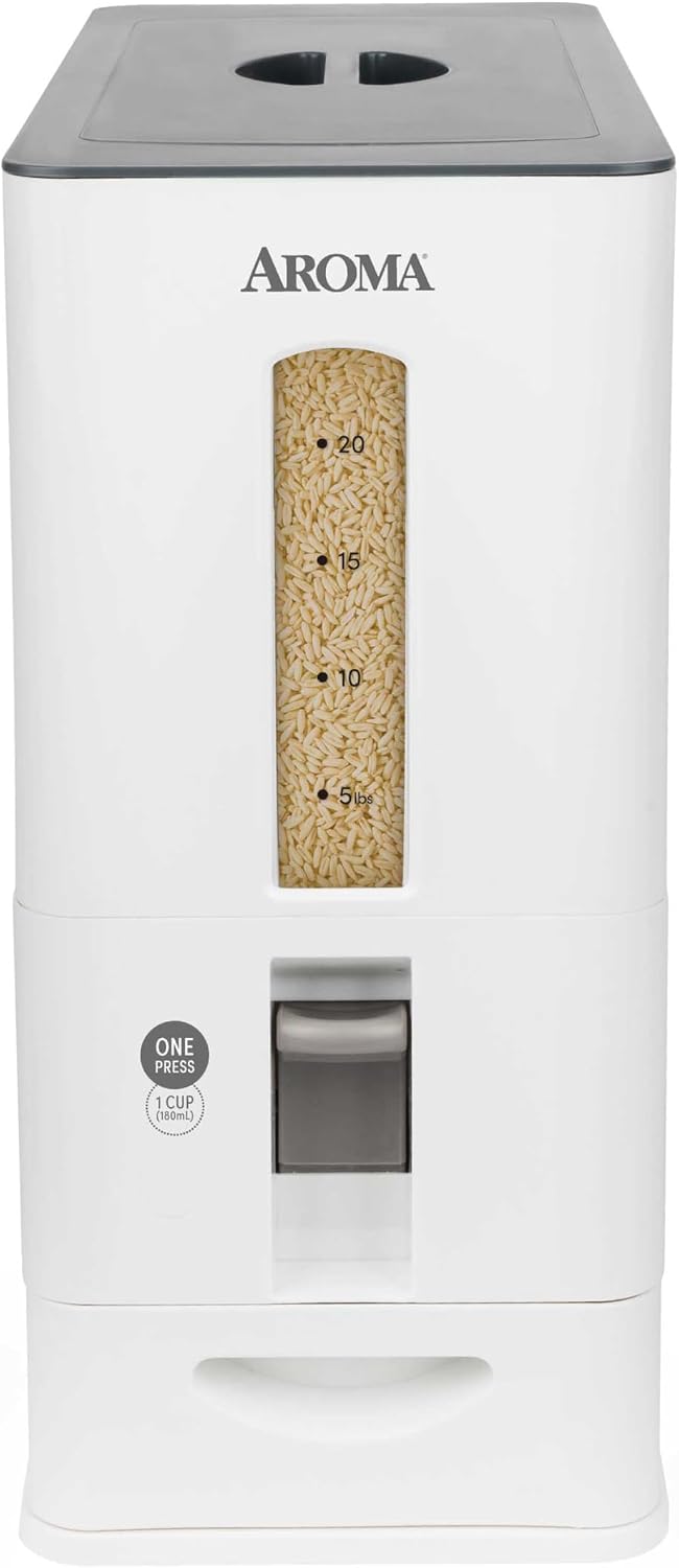 Aroma Housewares 27lbs Large Rice Dispenser, 7.25 x 16.5 x 16.5 inches, White