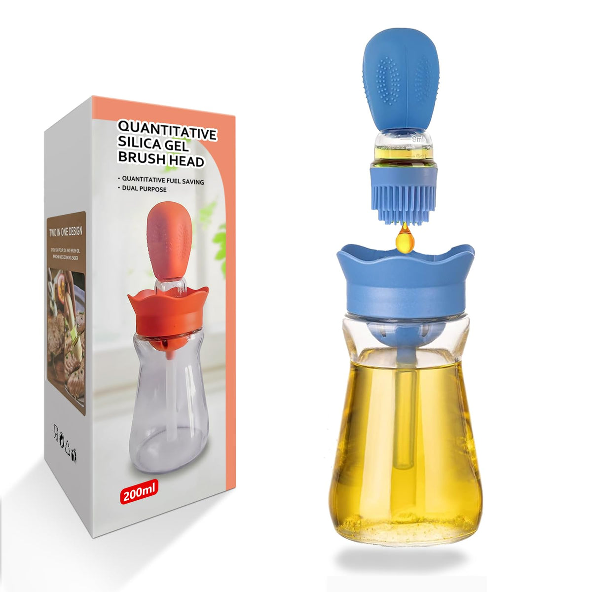 Oil Dispenser Bottle with Silicone Brush, 200ML 2 in 1 Silicone Dropper Measuring Oil Dispenser Bottle for Kitchen Cooking, Frying, Baking, BBQ Pancake, Air Fryer, Marinating - Cream White