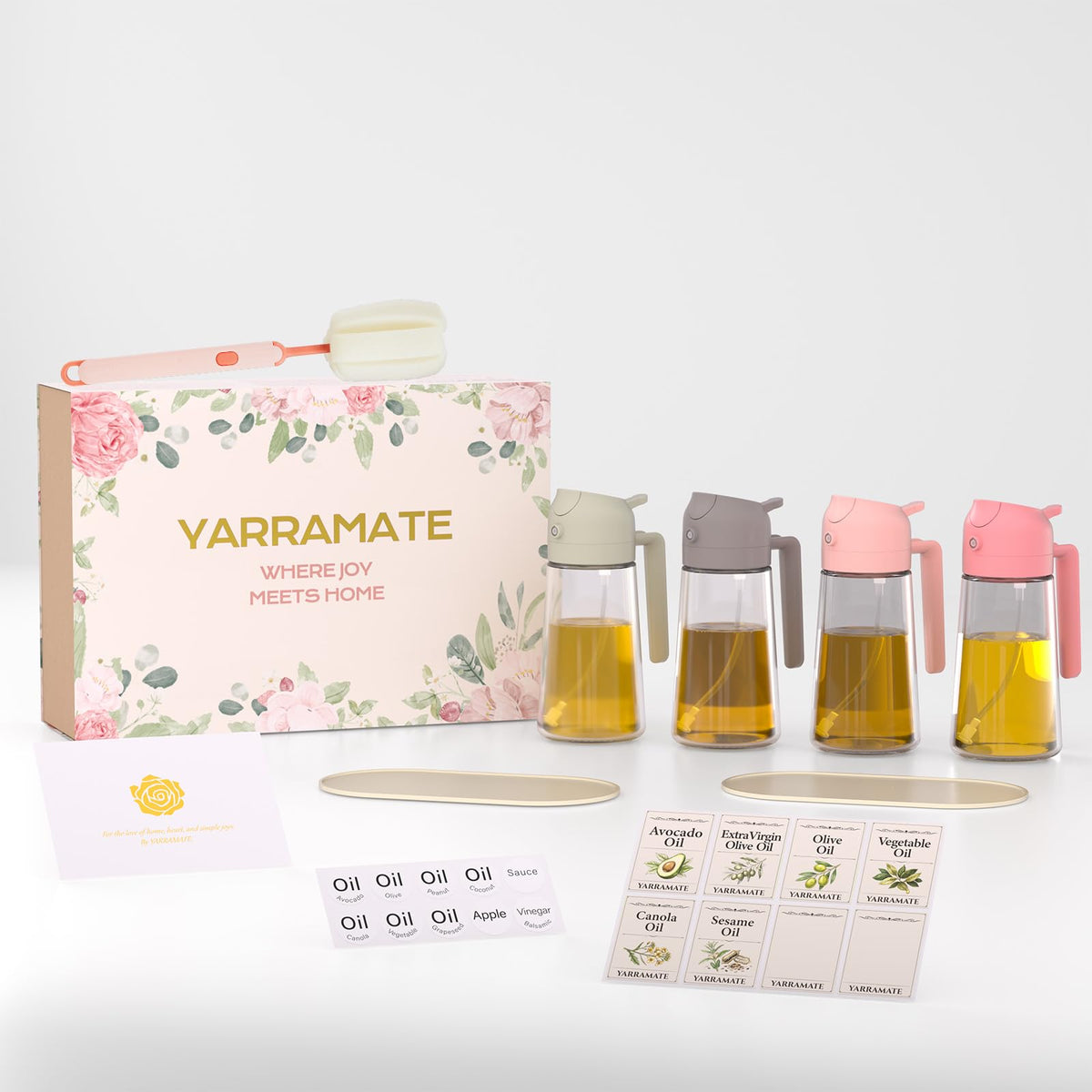YARRAMATE 16oz/470ml Glass Olive Oil Sprayer for Cooking with Stickers, 2 in 1 Oil Dispenser for Kitchen Gadgets, Food Grade Premium Spray Bottle with Portion Control for Salad, Frying, BBQ (Green)