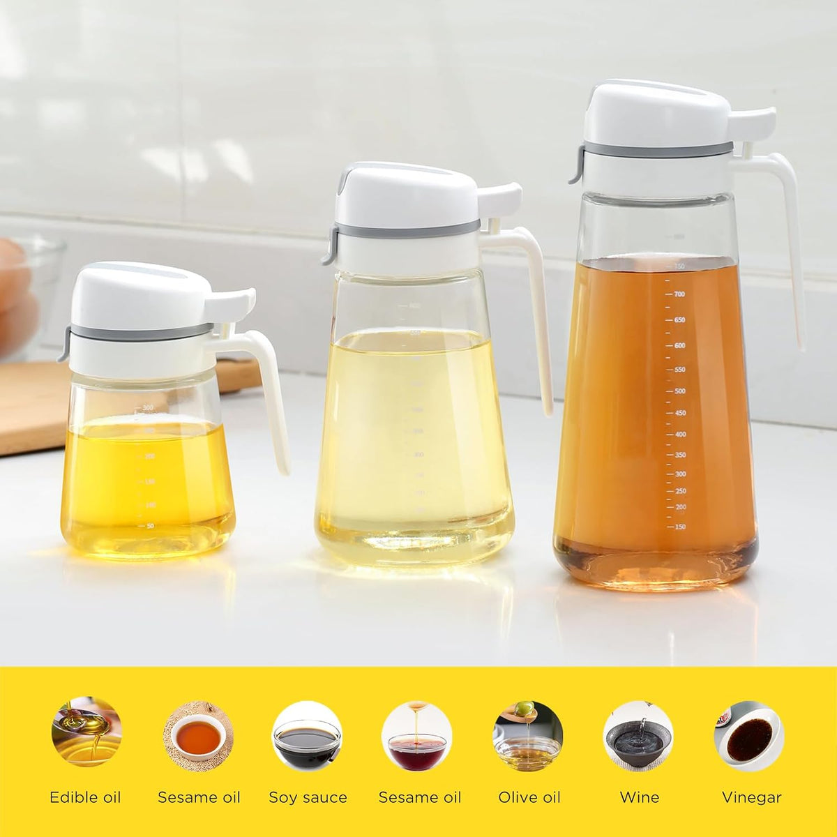 Oil Dispenser Bottle, 22oz Glass Oil Bottle with Scale, Kitchen