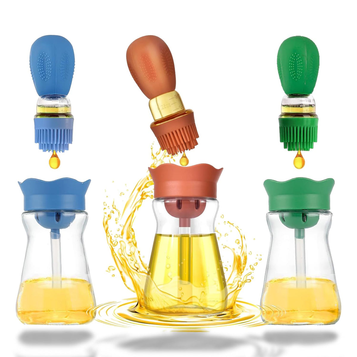 Oil Dispenser Bottle with Silicone Brush, 200ML 2 in 1 Silicone Dropper Measuring Oil Dispenser Bottle for Kitchen Cooking, Frying, Baking, BBQ Pancake, Air Fryer, Marinating - Cream White