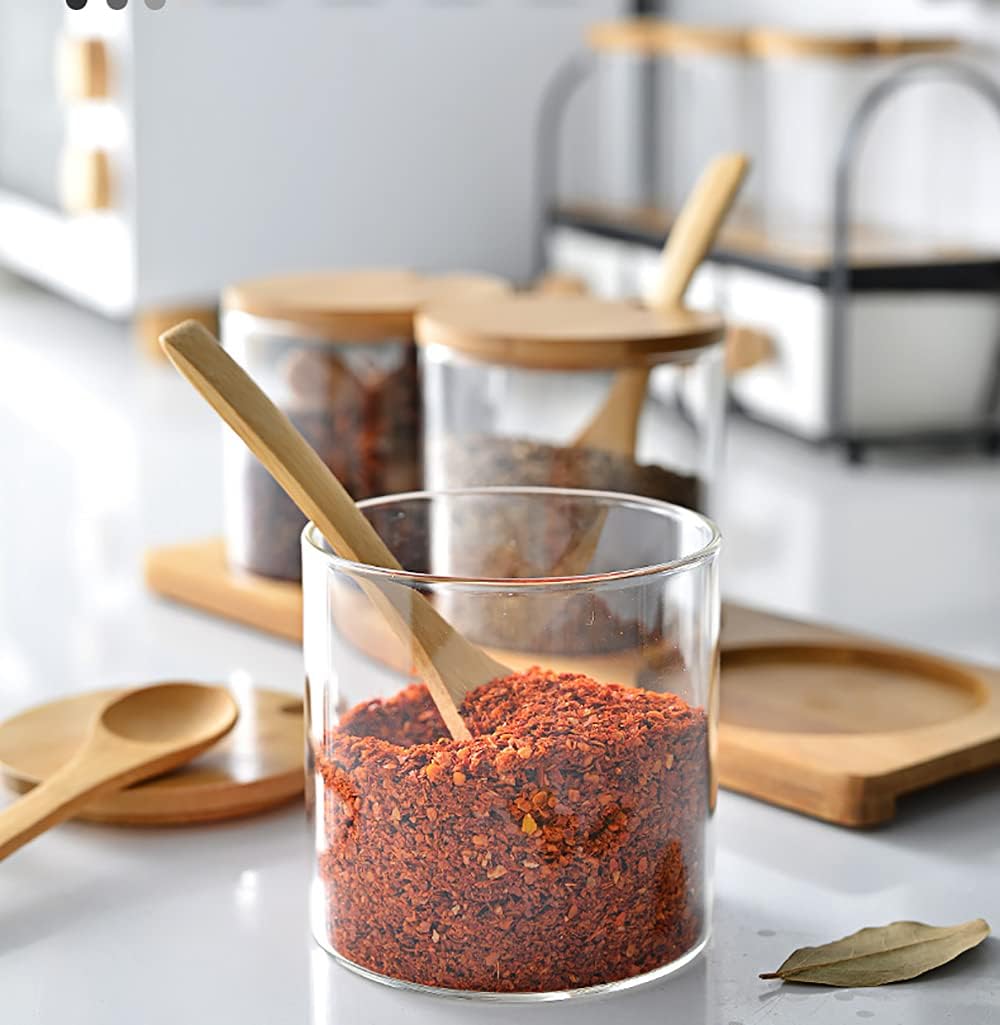 Lawei Set of 3 Condiment Jar with Lids and Spoons - Glass Sugar Bowls Sugar Salt Container Set for Sugar Serving Spice Salt