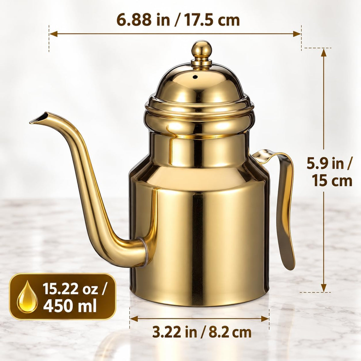 Cabilock Oil Dispenser Vinegar Dispenser Bottle 15.22oz Stainless Steel Oil Can Container with Handle for Kitchen Restaurant Cooking BBQ Golden