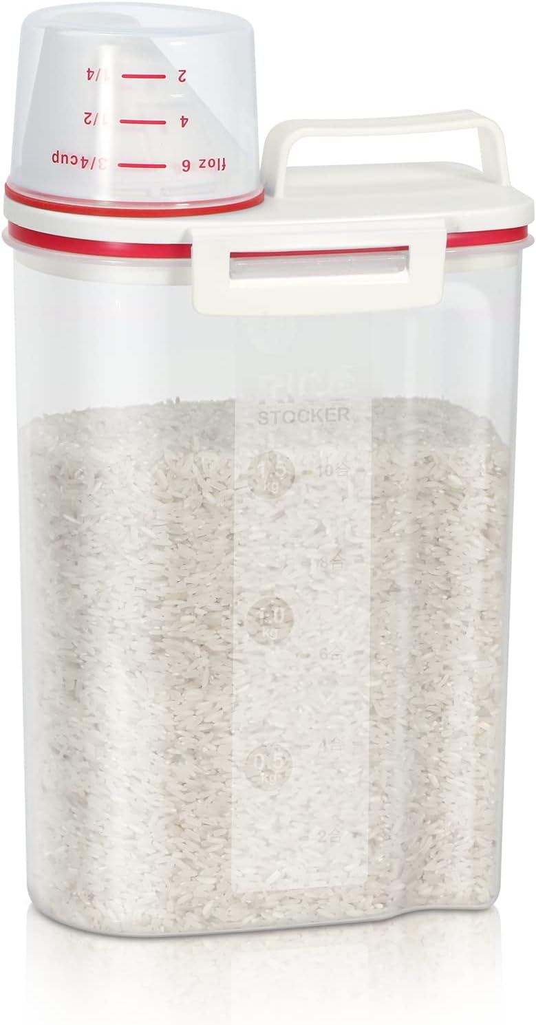 TBMax Rice Storage Container, Airtight Cereal Container Dispenser with Pourable Spout + Measuring Cup, BPA Free Plastic Storage Bin for Pantry Organization and Storage