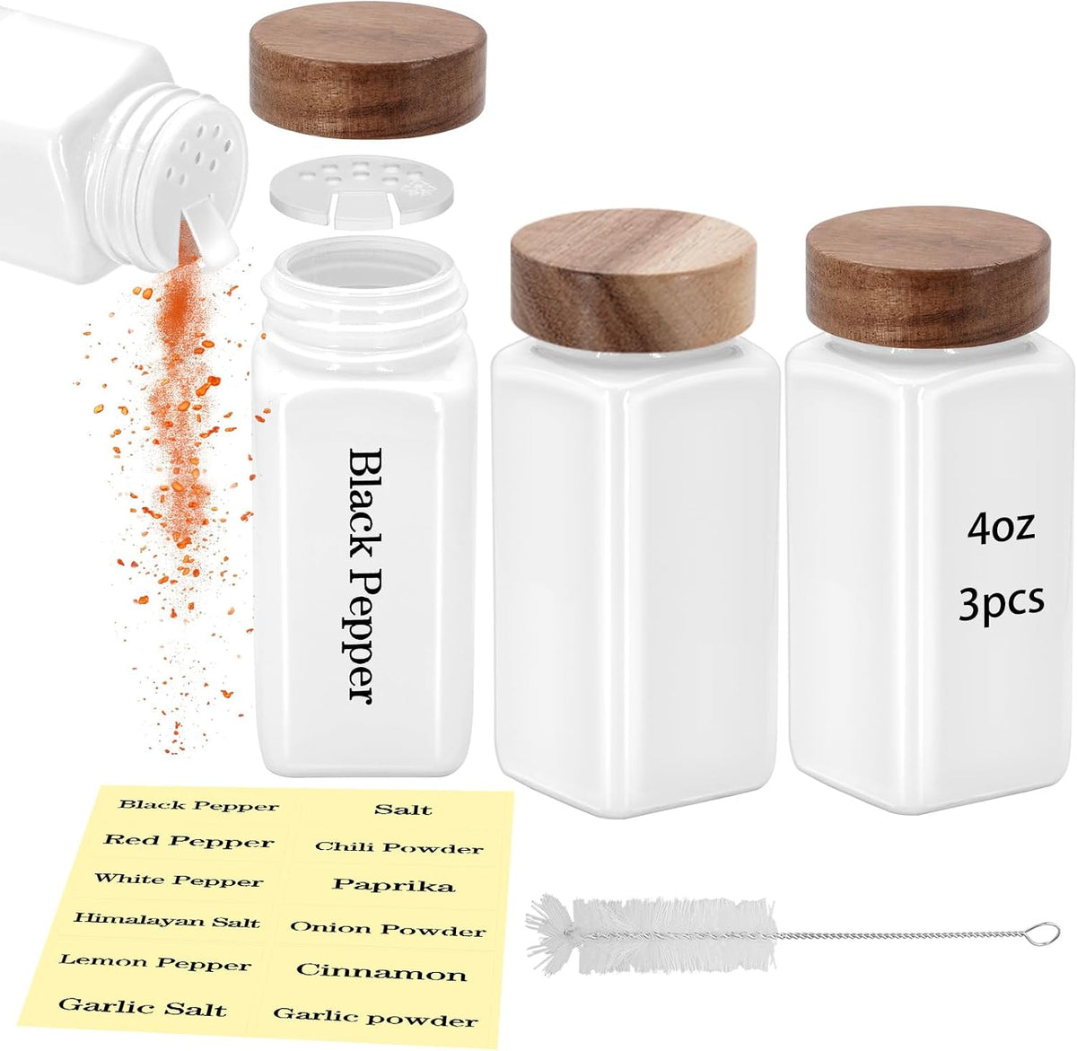 3Pcs 4 oz Square Glass Spice Jars with Label, Empty Spice Containers with Wooden Lids, Square Seasoning Containers and Supplement Set, Small Seasoning Bottles for Salt, Sugar, Pepper (White)