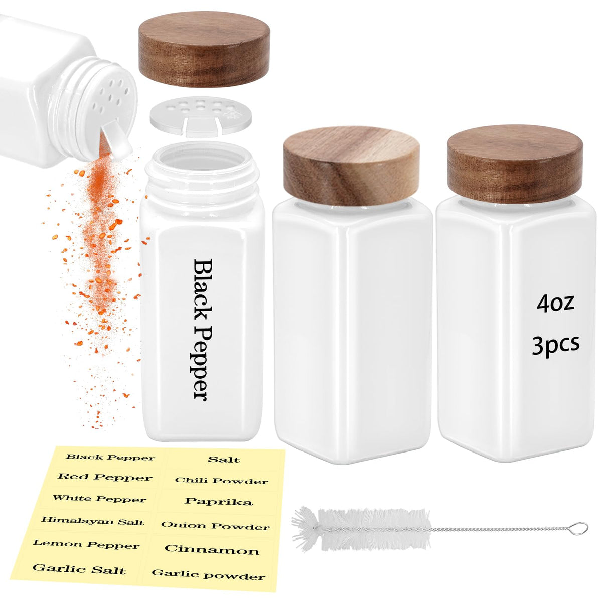 3Pcs 4 oz Square Glass Spice Jars with Label, Empty Spice Containers with Wooden Lids, Square Seasoning Containers and Supplement Set, Small Seasoning Bottles for Salt, Sugar, Pepper (White)