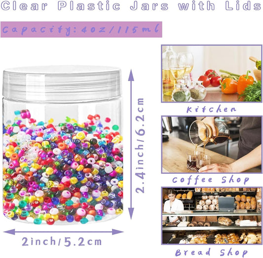 20 Pack 4oz Clear Plastic Jars with Lids,115ml Wide-Mouth Refillable Storage Containers,Empty Round Containers for Candy,Beads,Lotion,Slime Making and Food Storage