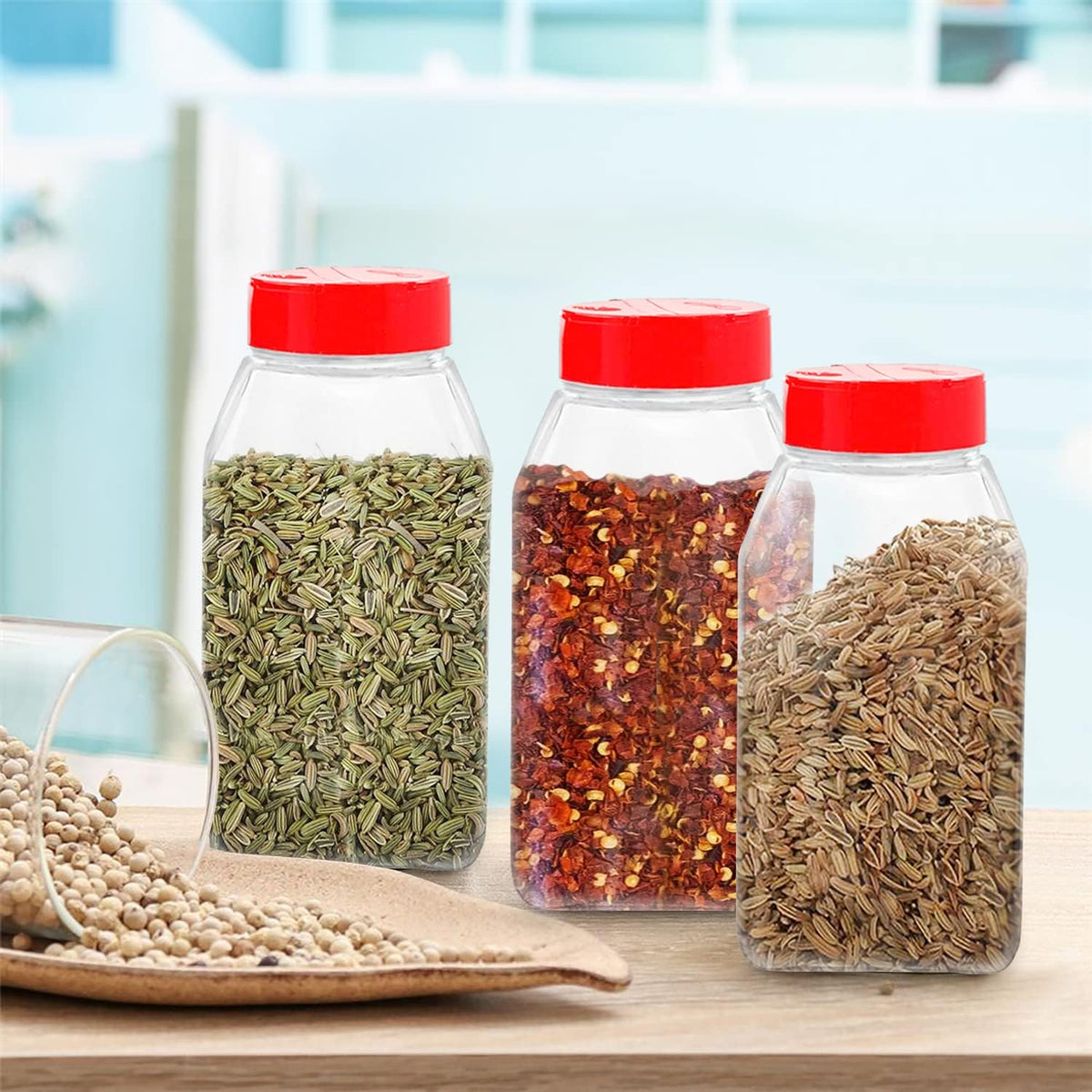 Plastic Spice Jars Bottle Containers with Red Cap, 32 Oz, 6 Pack
