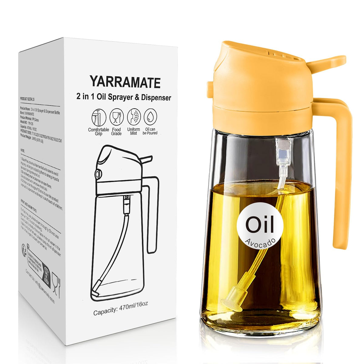 YARRAMATE 16 oz 2-in-1 Glass Olive Oil Sprayer for Cooking, Black