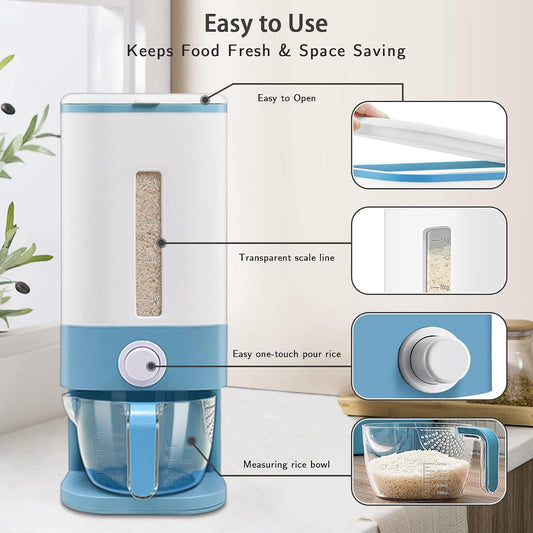 Lenwi 22-25 Lbs Rice Dispenser, Large Cereal Dry Food Storage Containers with Measuring Cup,BPA-Free Household for Kitchen Pantry Organization-Blue