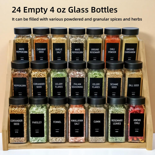 Spice Jars with Labels - 24 Glass Spice with Shaker Lids & Airtight Plastic Caps - 4oz Complete Seasoning Containers Organizer Set for Cabinet, Drawer & Rack (Black)