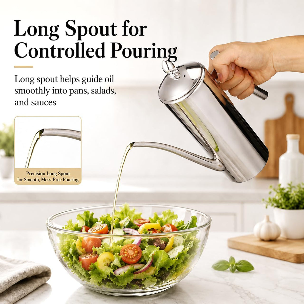 Cabilock 24oz/700ml Olive Oil Dispenser, Leakproof Sus304 Stainless Steel Vinegar Dispenser Bottle, Oil Can Container with Handle for Kitchen Restaurant Cooking Bbq Silver