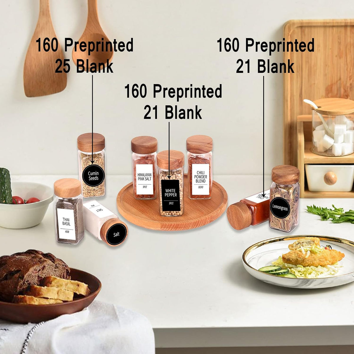 Churboro Glass Spice Jars with Labels, 24 Pack 4 oz, Acacia Wood Lids