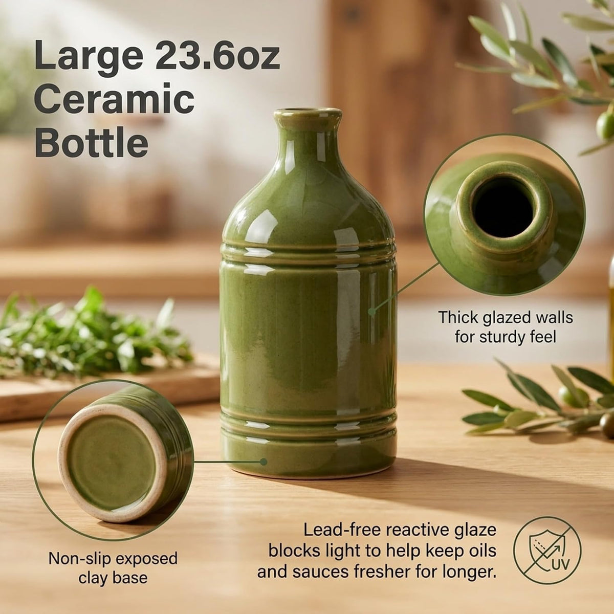 23.6Oz Green Ceramic Olive Oil Dispenser Bottle with Gold Gravity Spout