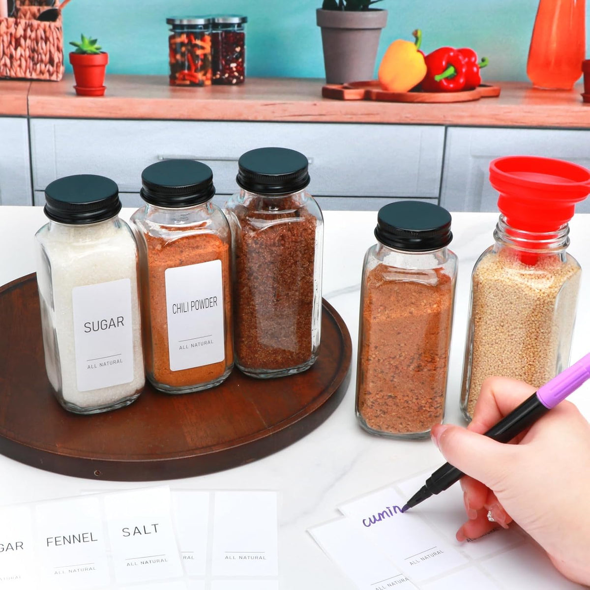 15 Pack 8oz Glass Spice Jars with Grinders, Square Spice Bottles