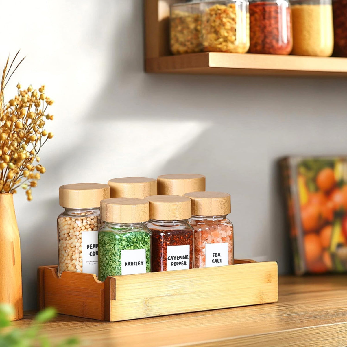 ComSaf Glass Spice Jars with Labels 4 oz 6 Pack Small Bamboo Lids