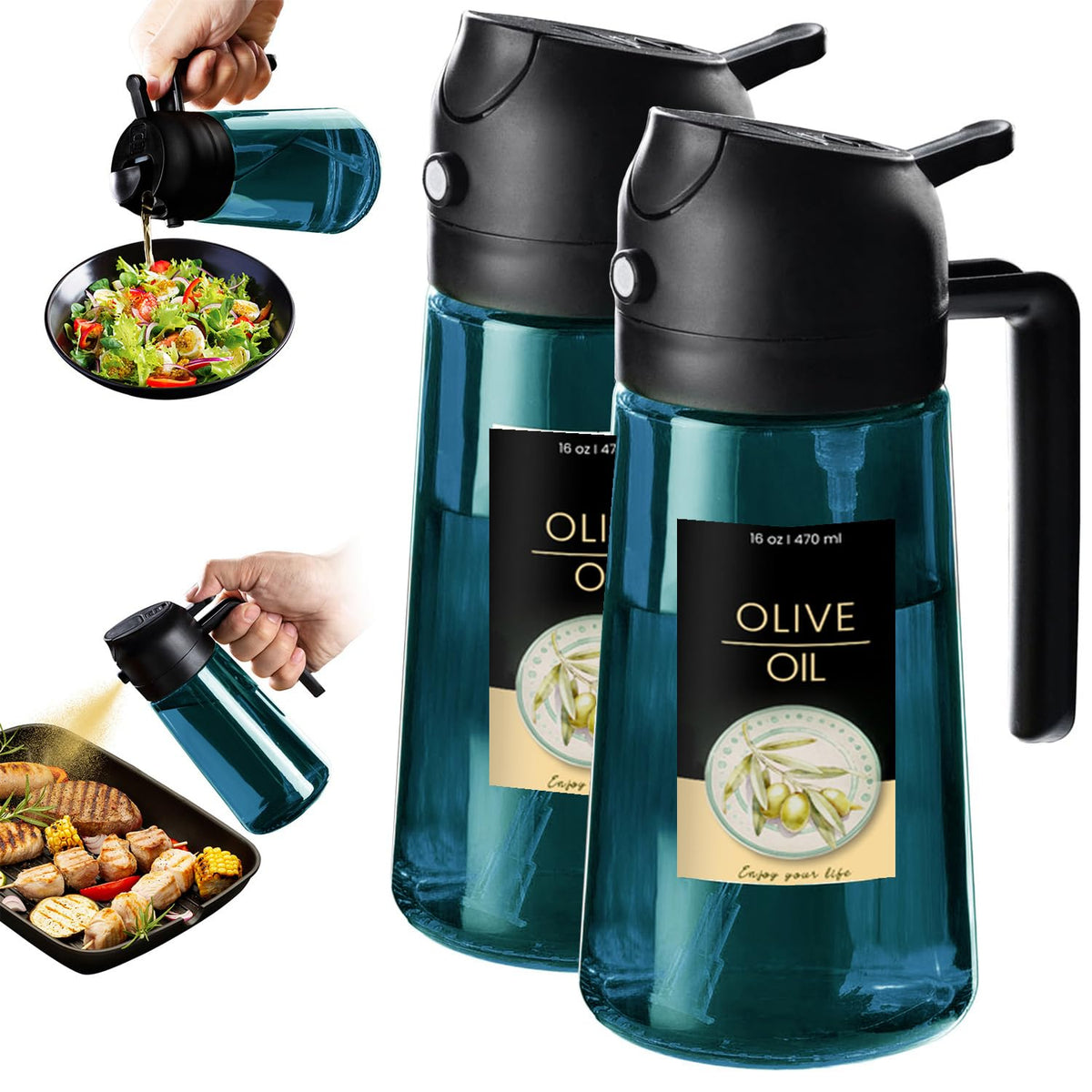 TrendPlain 16oz/470ml Blue Glass Olive Oil Sprayer for Cooking - 2 in 1 Olive Oil Dispenser for Kitchen Gadgets, Air Fryer, Salad, and BBQ (1 Pack, Black & Navy)