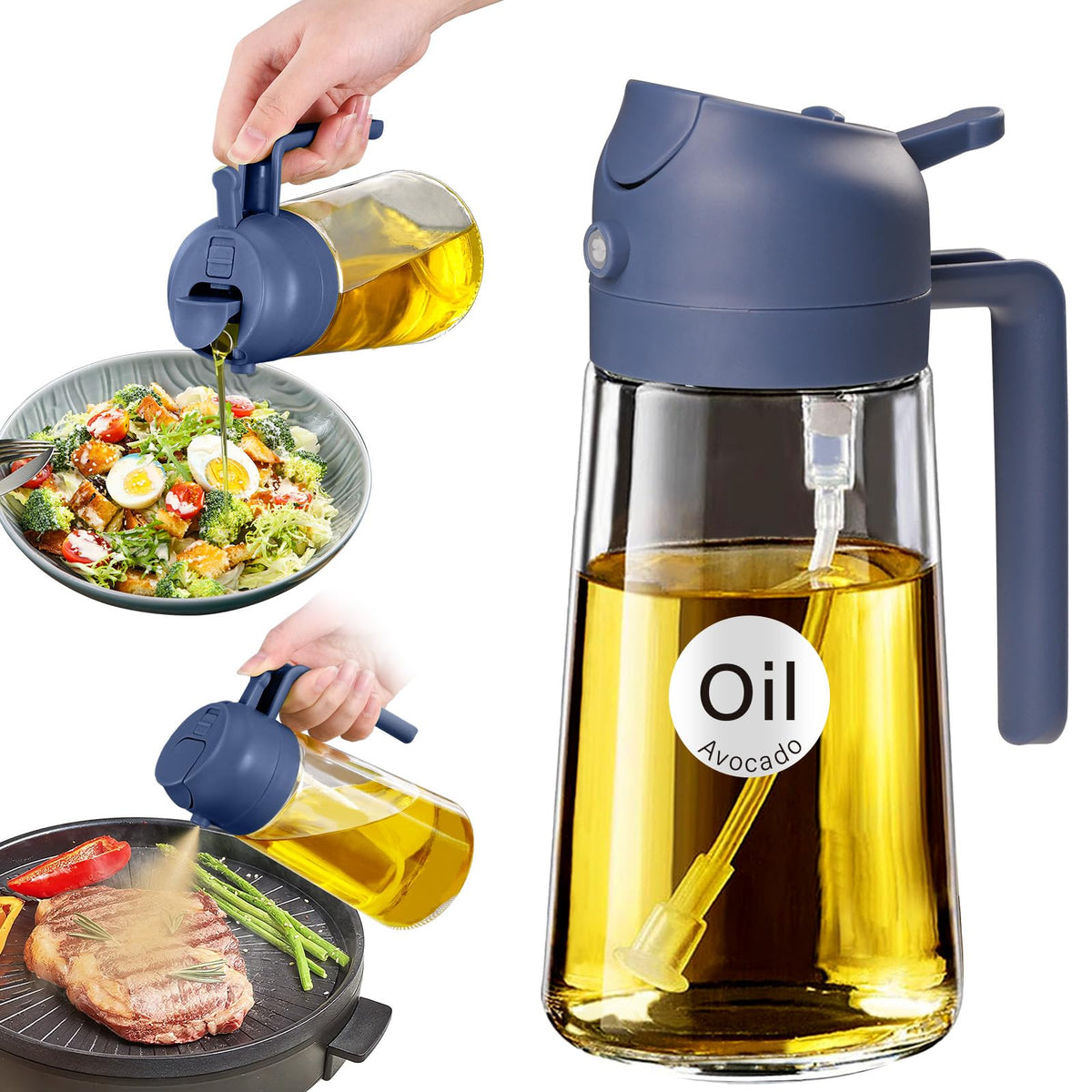 YARRAMATE Olive Oil Dispenser, 2 in 1 Oil Sprayer for Cooking, 16oz/470ml Glass Oil Spray Bottle with Pourer, Food-grade Oil Dispenser and Oil Sprayer for Kitchen, Salad, Frying, BBQ (Black & Green)