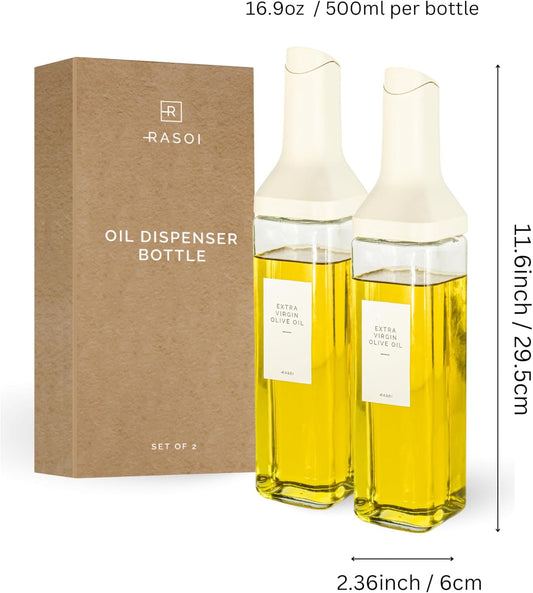 Oil Dispenser Bottle – Set of 2 17oz/500ml Oil and Vinegar Dispenser - Drip-Free Spout Glass Oil Dispenser – Kitchen Oil Dispenser with Automatic Pouring Lid - Olive Oil Bottle for Cooking