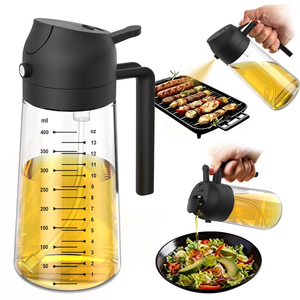 TrendPlain 16oz/470ml Glass Olive Oil Sprayer for Cooking – 2 in 1 Olive Oil Dispenser Bottle for Kitchen Gadgets and Air Fryer Accessories, Salad, BBQ - Black & Green